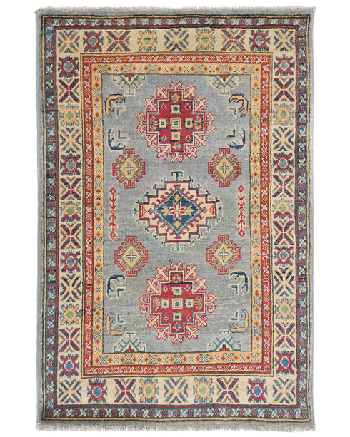 3x4 Gray Kuba Afghan Hand Knotted Wool Area Rug